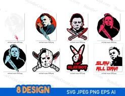 Discover our collection of 8 unique Michael Myers SVG designs, perfect for Halloween enthusiasts and fans of the iconic horror franchise. Each design is available in 5 file formats (SVG, JPEG, PNG, EPS, AI) and beautifully portrays the enigmatic Michael Myers. Unleash your creativity with these versatile files and bring the essence of suspense and terror to your digital projects, crafting endeavors, or 3D printing adventures.