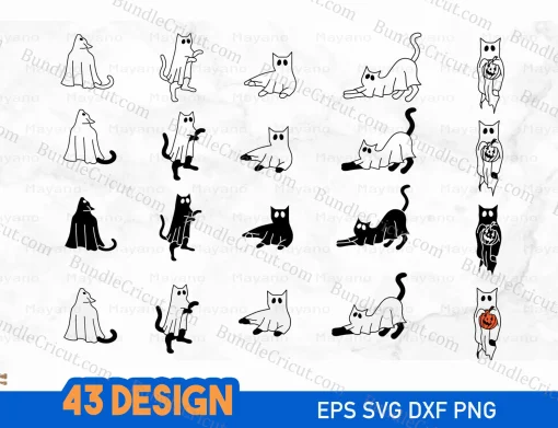 Explore our "Halloween Black Cat SVG" design, available for free! This collection includes 43 charming cat-themed designs, each provided in six file formats (SVG, DXF, EPS, AI, PDF, PNG), perfect for infusing your Halloween projects with the mystical charm of black cats.