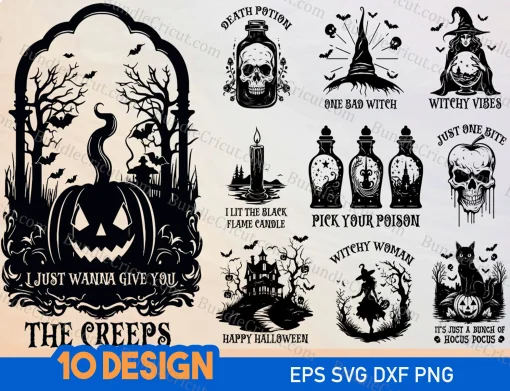 Enhance your Halloween projects with our Halloween Clipart Black and White Collection. With 10 unique designs available in 6 versatile file formats (SVG, DXF, EPS, AI, PDF, PNG), you'll have the perfect elements for crafting invitations, decorations, and more.