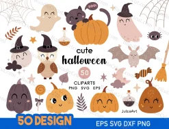 Explore our "Happy Halloween Clipart Collection" featuring 50 unique designs, each available in six versatile file formats (SVG, DXF, EPS, AI, PDF, PNG). Elevate your Halloween projects with these delightful clipart designs.
