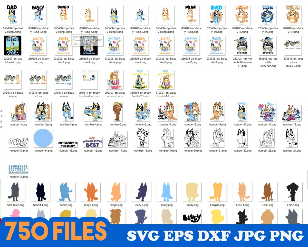 Immerse yourself in the world of Bluey with our Bluey SVG collection. This bundle features 750 unique designs, available in six file formats (SVG, DXF, EPS, AI, PDF, PNG), perfect for all your Bluey-themed creative projects.
