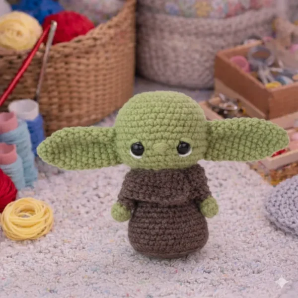 Alien baby crochet amigurumi pattern with large green ears and brown robe