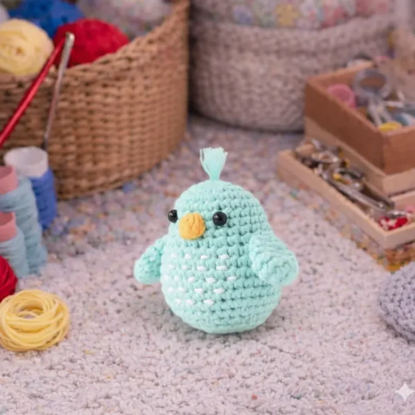 Mint green crochet rattle bird amigurumi pattern with tassel tuft