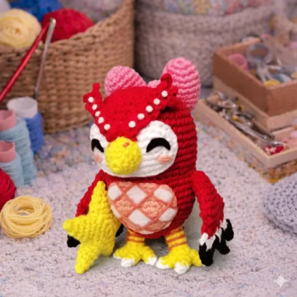 Red bird crochet amigurumi pattern holding yellow star plush toy