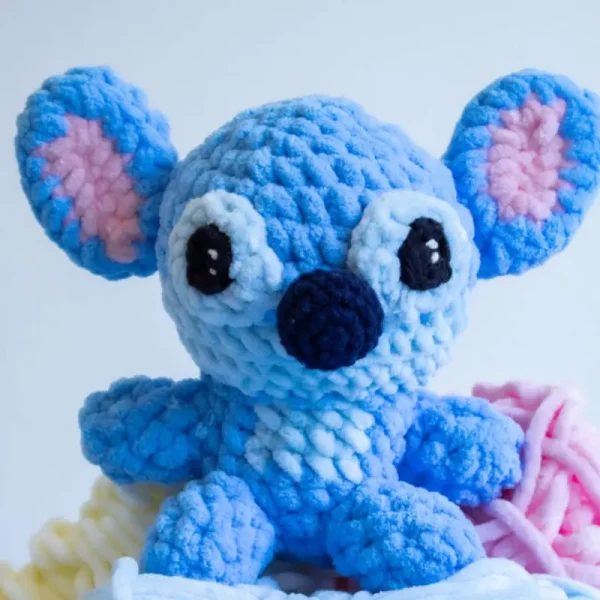 Blue plush crochet koala amigurumi with pink inner ears pattern