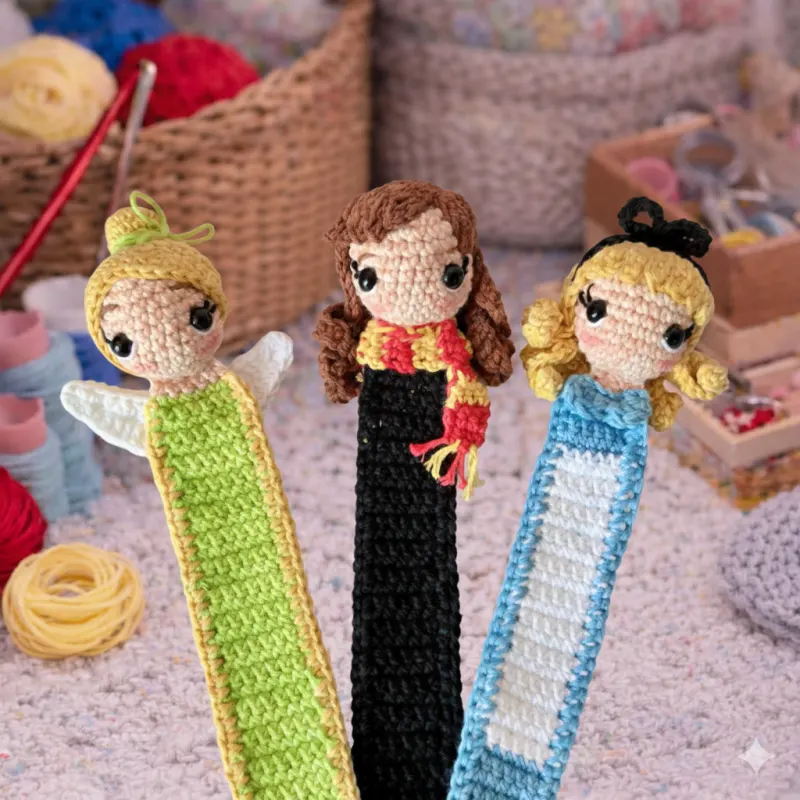 Crochet Bookmarks Three amigurumi character crochet bookmarks pattern with colorful princess doll designs