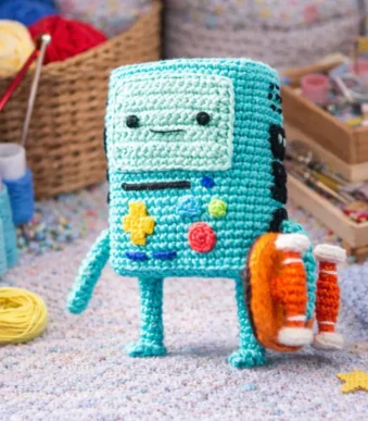 BMO crochet amigurumi with colorful button details Adventure Time pattern