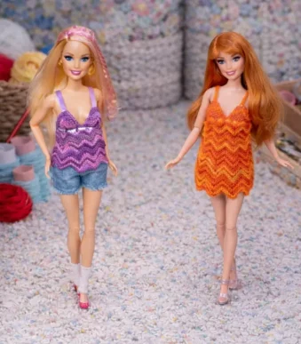 Barbie crochet pattern with chevron zigzag tops in purple and orange