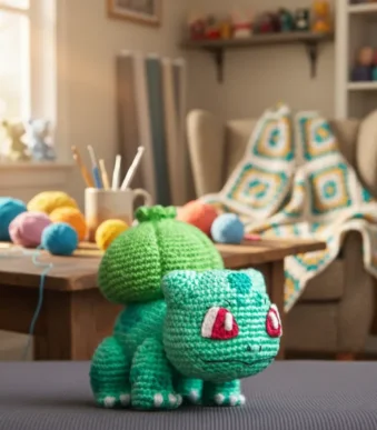 Bulbasaur crochet amigurumi pattern with green bulb and red eyes