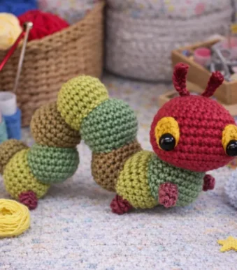 Caterpillar crochet pattern amigurumi with red head and green body segments
